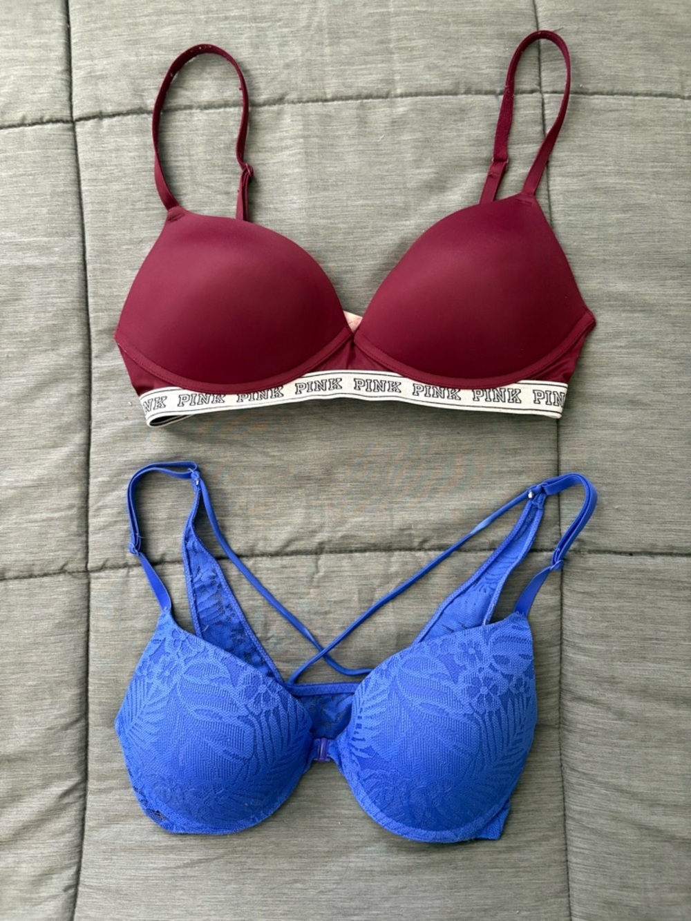 PINK Victoria's Secret 2pc Bra Set, Burgundy & Cobalt Blue, 34C